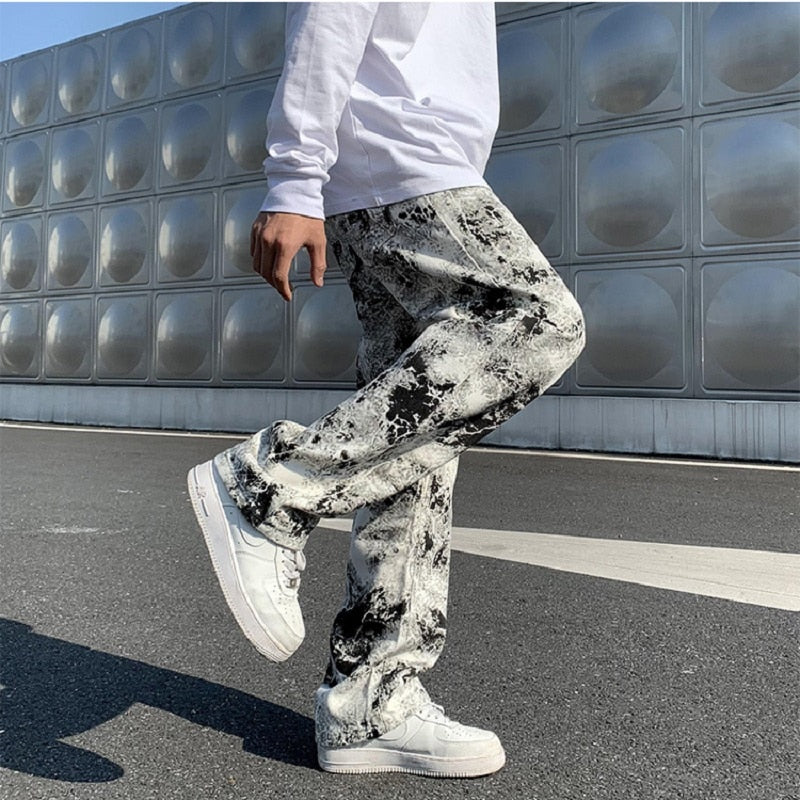 Straight Leg Jeans Printed Jean Mens Fashion Mopping Trousers Korean Style Hip Hop Fancy Jeans Men&#39;s Pants Man Baggy Male Long