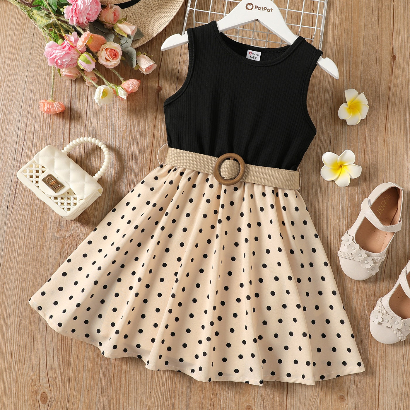 PatPat 2pcs Kid Girl Polka Dots Ribbed Splice Sleeveless Dress &amp; Belt