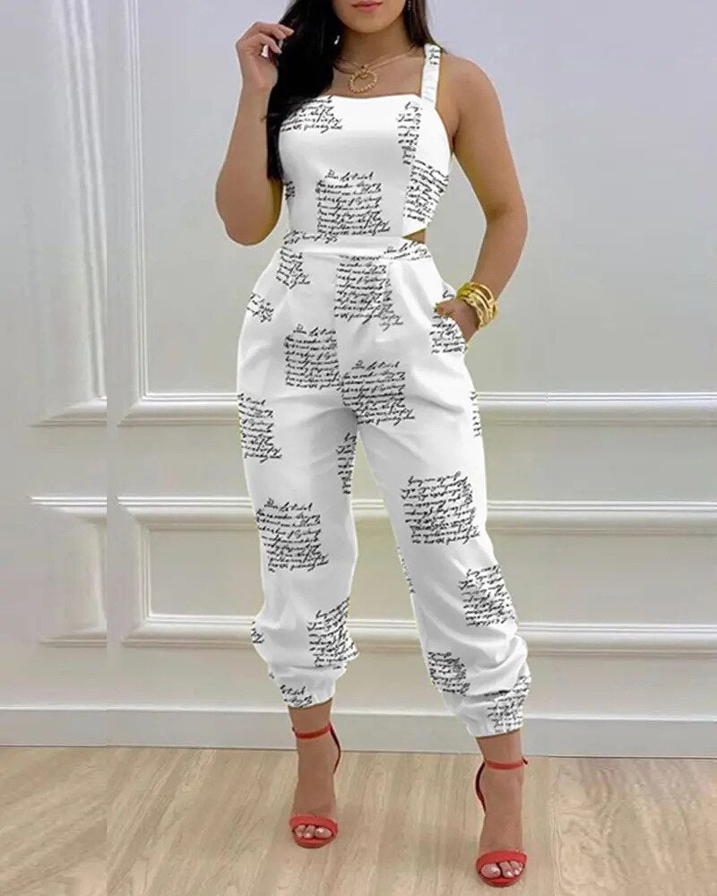 Strap Jumpsuit Women Summer Sexy Backless Bow Letter Print Strapless Overalls Rompers For Women Pocket Straight Work Jumpsuits