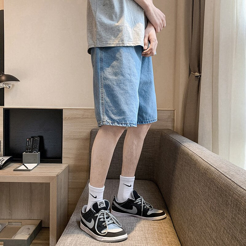 2023 summer new men&#39;s loose casual denim shorts elastic waist drawstring black shorts brand men&#39;s clothing