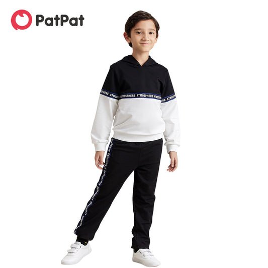 PatPat 2-piece Kid Boy Letter Print Colorblock Hoodie Sweatshirt and Pants Casual Set