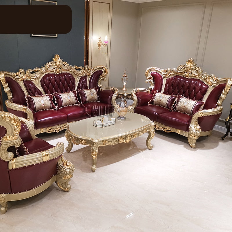 Leather Sofa 123 Combination with Coffee Side Table Living Room Luxury Solid Carved High-end Champagne Gold Sofas European-style