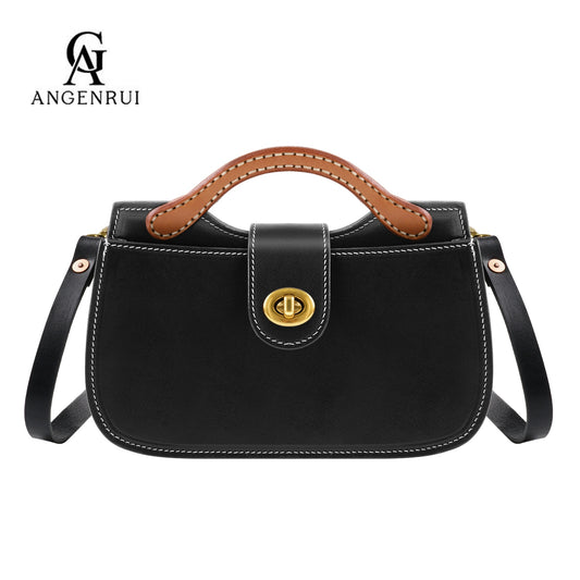 ANGENGRUI Handmade Women&#39;s Bag Retro Vegetable Tanned Leather Three-dimensional Saddle Bag Shoulder Messenger Small Bag