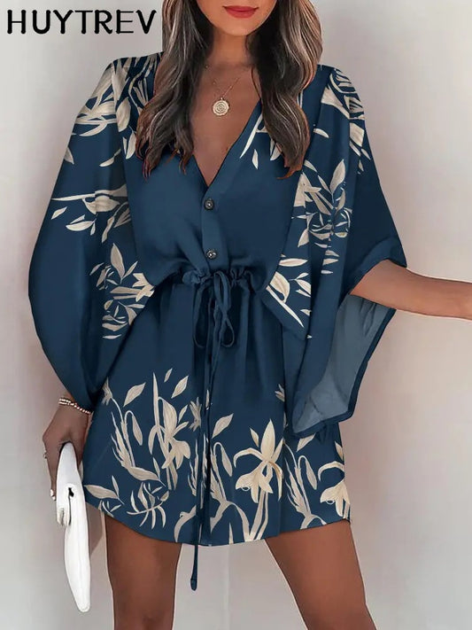 Casual Boho Beach Vacation Mini Dress Women Summer Print Lace Up Button Batwing Sleeve Dresses For Women&#39;s Loose  Female Robe