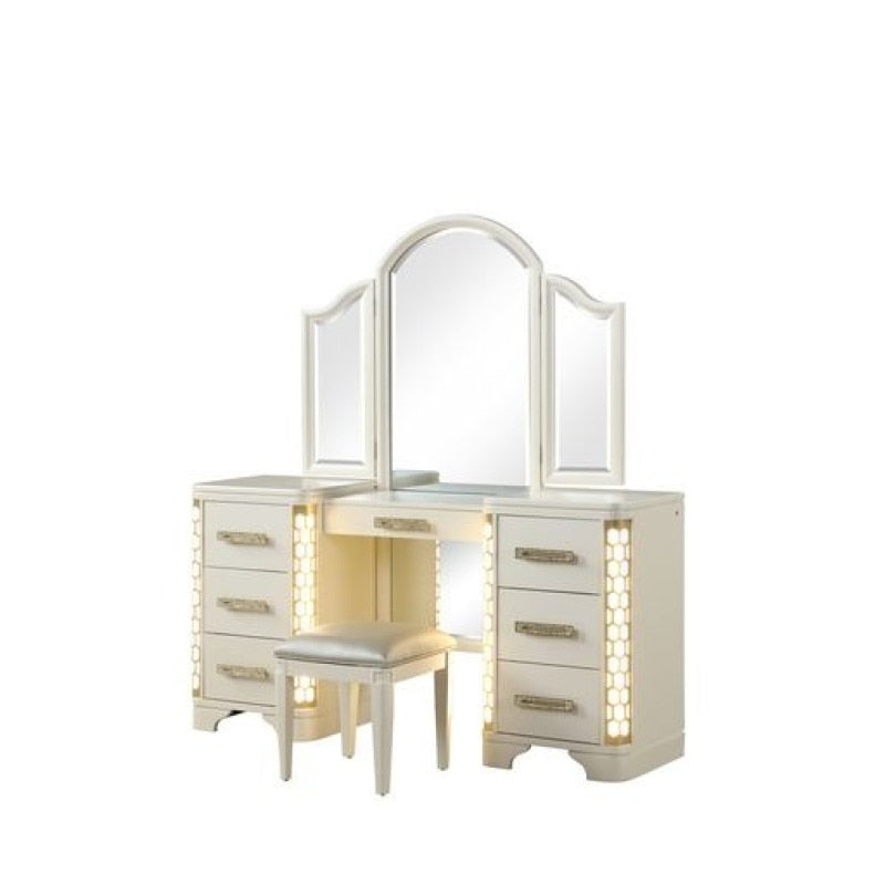 Traditional Bedroom Furniture 4 PCS Led Lighting Bedroom Set Include Luxury Queen Bed Frame Nightstand Vanity Set Furniture