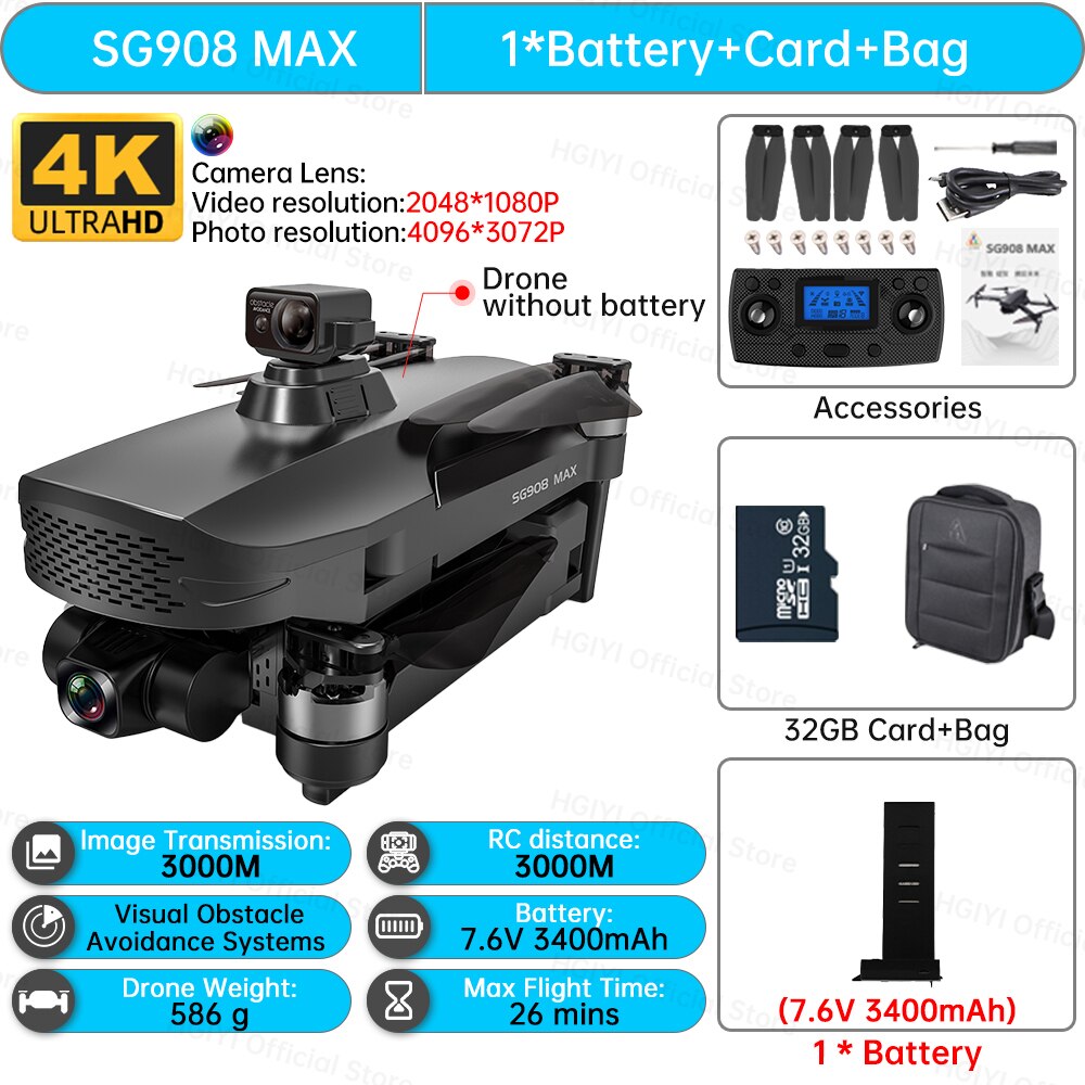 HGIYI SG908 Max Drone 4K Profesional 3-Axis Gimbal Obstacle Avoidance HD Camera Dron GPS RC Helicopter Quadcopter VS SG907 Max