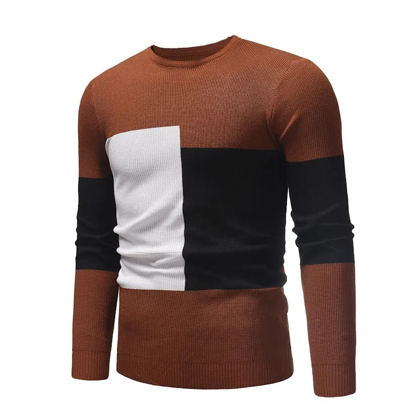 Mens Knitted Pullovers Contrast Color Stitching Slim Round Neck Sweater Fashion Casual Base Kintwear Male Clothing Autumn/Winter