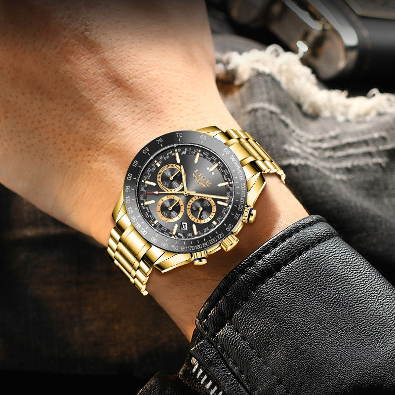 LIGE Luxury Gold Metal Wirst Watches Men 2022 Business Quartz Wristwatches Steel Chain Male Clock relogio masculino Men relojes