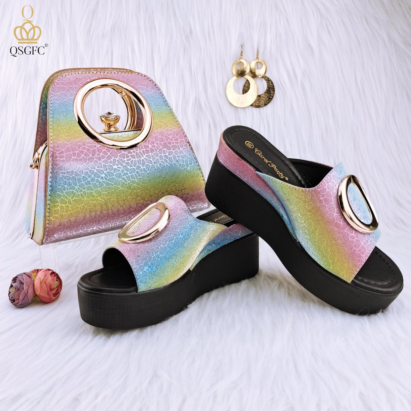 QSGFC Autumn Silver Color Elegant Simple Versatile Round Metal Decoration Ladies Sandals Comfortable Insole Shoes and Bags Set