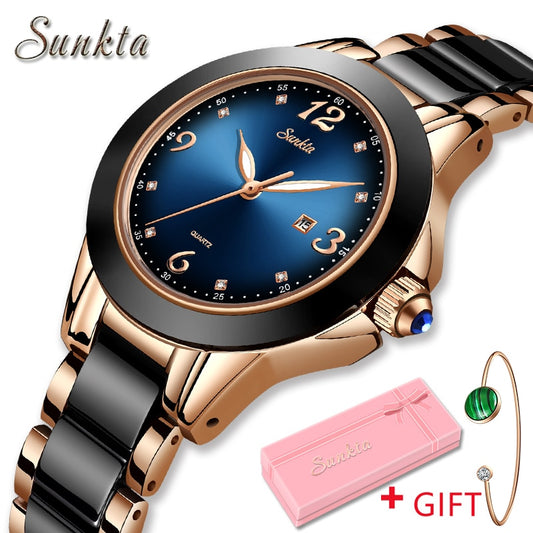 Women&#39;s Watches SUNKTA Ladies Quartz Watch Fashion Waterproof Ceramic Stainless Steel Band Watch Black Gold Wrist Watch+Box