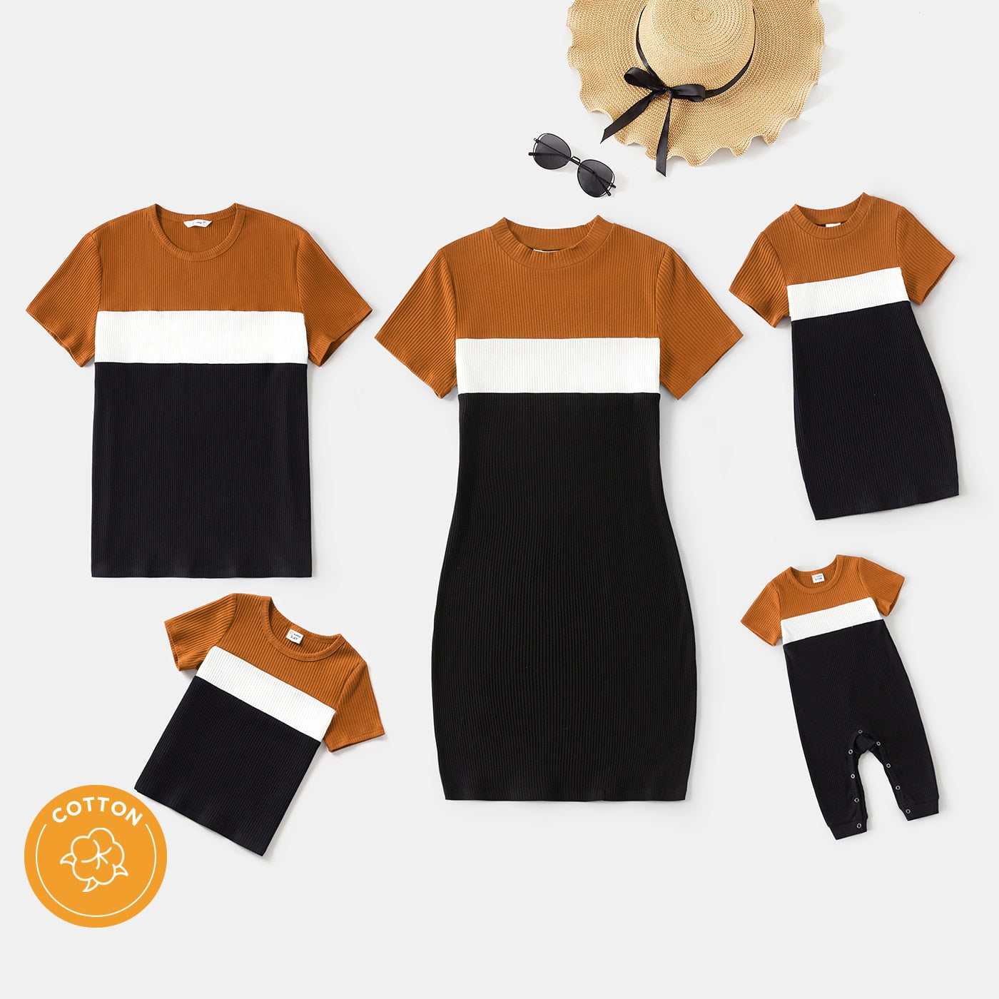 PatPat Family Matching Outfits Cotton Short-sleeve Colorblock Rib Knit Mock Neck Bodycon Dresses and Tops Short-sleeve Tee Sets