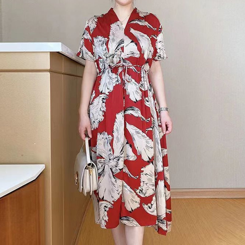 Summer New Print V Neck Knee Length Loose Midi Dress Short Sleeve Sashes High Waist Ladies Dresses Elegant Fashion Women Clothes