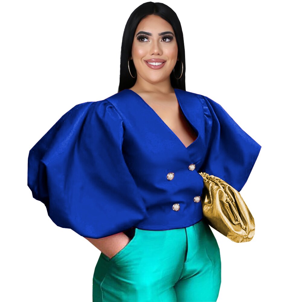 Plus Size Sexy V Neck Women Tops Blouse Long Lantern Sleeves Double ButtonsShiny Glitter Party Classy Shirts for Ladies 2022