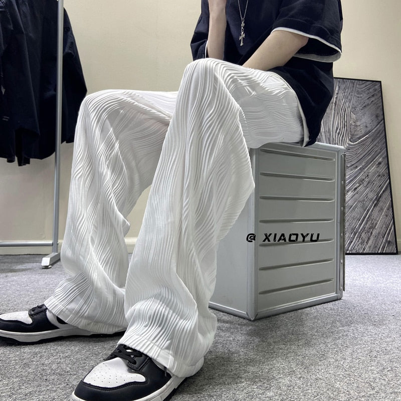 Men&#39;s Fashion Straight Pleated Pants Elastic Waist Casual Pants Men&#39;s Street Loose Ice Silk Wide Leg Pants White Black M-5XL