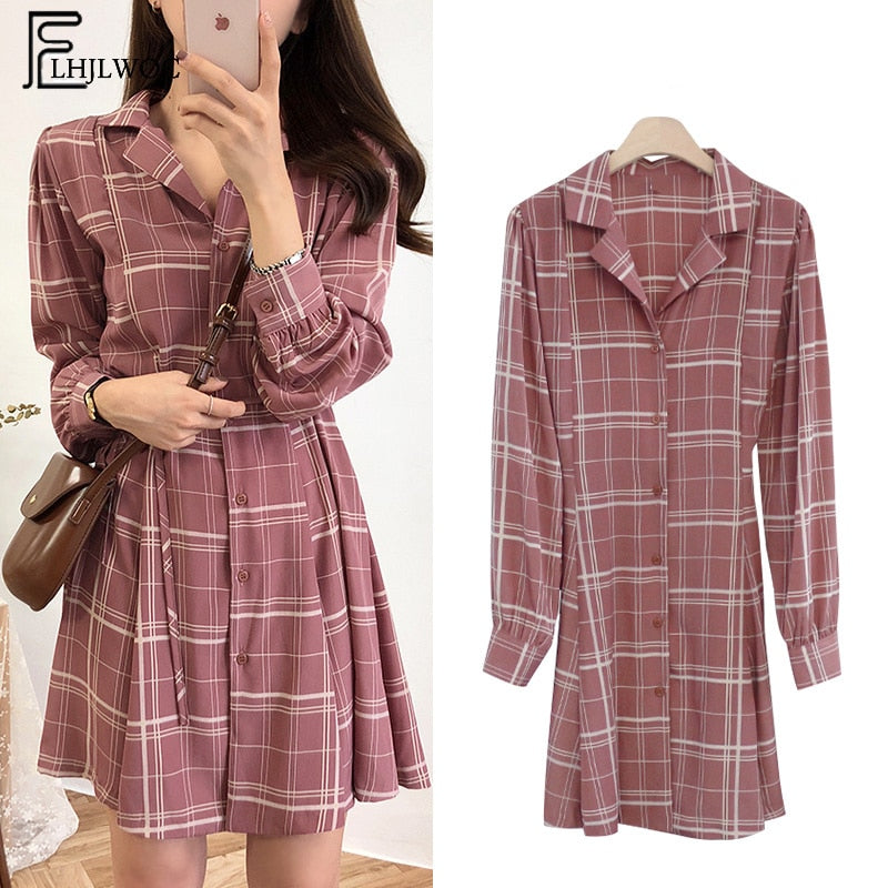 2019 Spring Summer Basic Dresses Hot Women Fashion Long Sleeve Cute Preppy Style Red Plaid Shirt Dress Bow Tie Vintage Dress