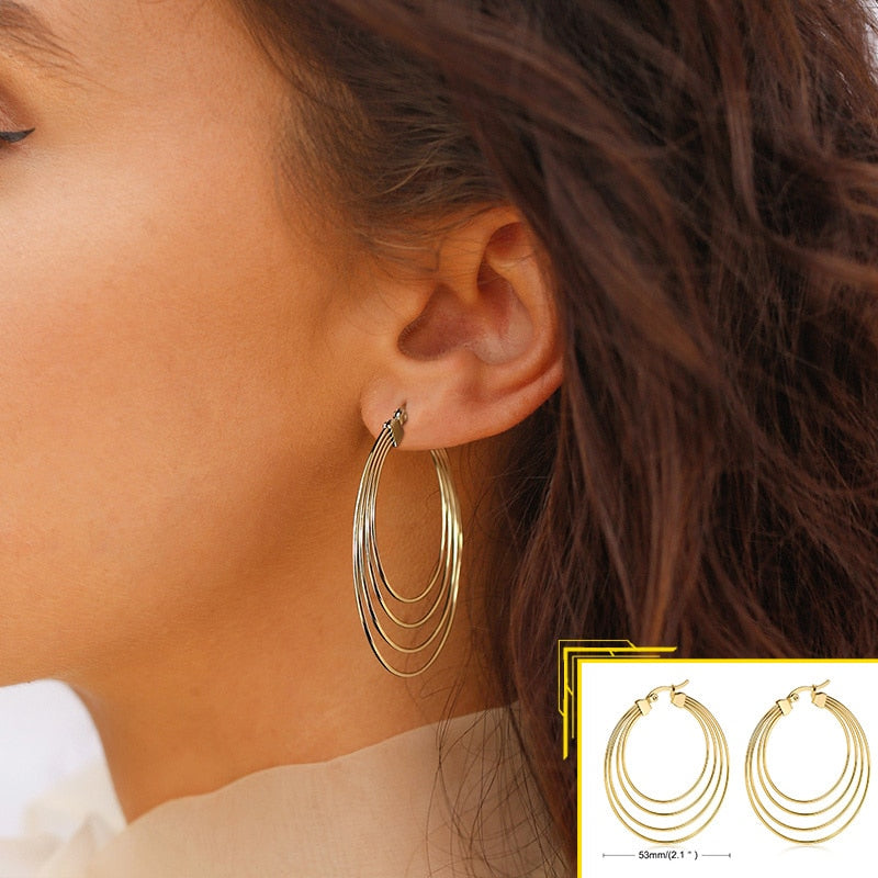 Vnox Minimalist Metal Hoop Earrings for Women, Gold Color Stainless Steel Chic Lady Girl Circle Earrings, Vintage Party Jewelry