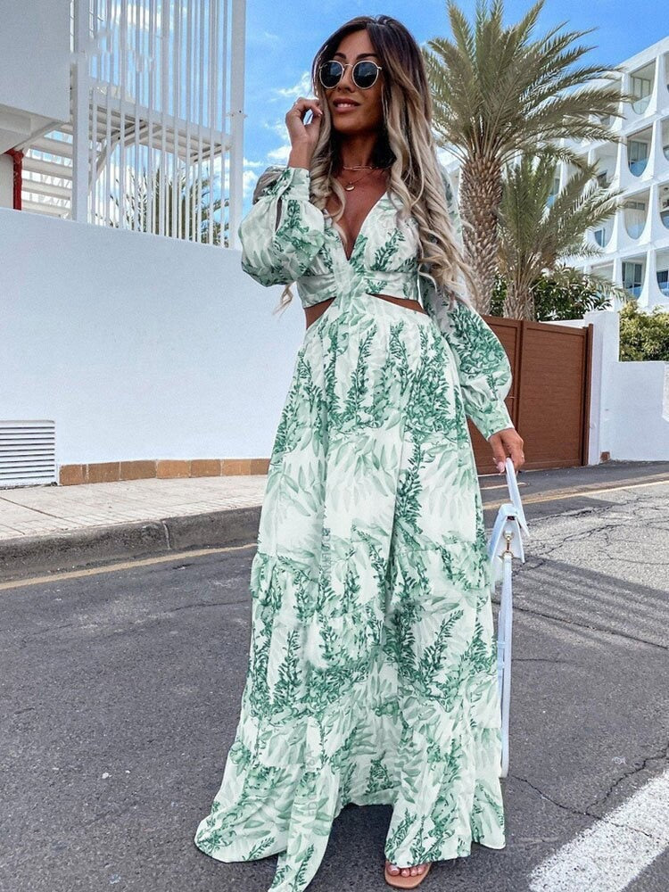 Elegant Sexy V Neck Hollow Out Long Dress For Women 2022 Autumn Casual Long Sleeve Print Bohemian Beach Vacation Midi Dresses