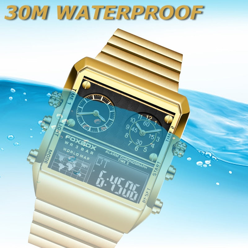 FOXBOX Luxury Gold Watches For Men Casual Sports Chronograph Quartz WristWatch Waterproof Watches Digital Clock New reloj hombre