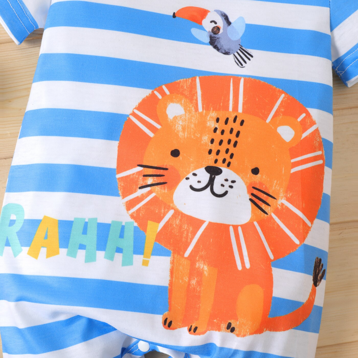 PatPat Baby Boy Cartoon Lion Print Blue Striped Short-sleeve Romper