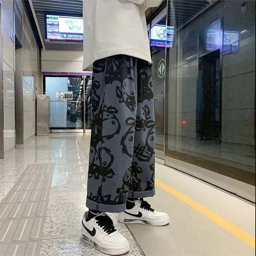 Casual Pants Women Spring Summer Loose Wide Leg Elastic High Waist Loose Straight Trouser Cartoon Print Pants Japanese Design