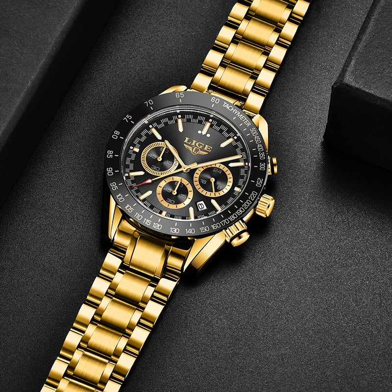 LIGE Luxury Gold Metal Wirst Watches Men 2022 Business Quartz Wristwatches Steel Chain Male Clock relogio masculino Men relojes