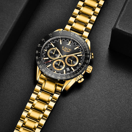 LIGE Luxury Gold Metal Wirst Watches Men 2022 Business Quartz Wristwatches Steel Chain Male Clock relogio masculino Men relojes