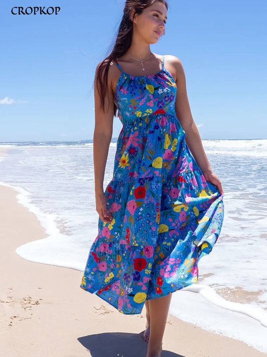 Sexy Floral Midi Dress Women Summer Casual Blue Backless Ruffle Big Hem Beach Dress Fashion A-line Slip New In Dresses 2023