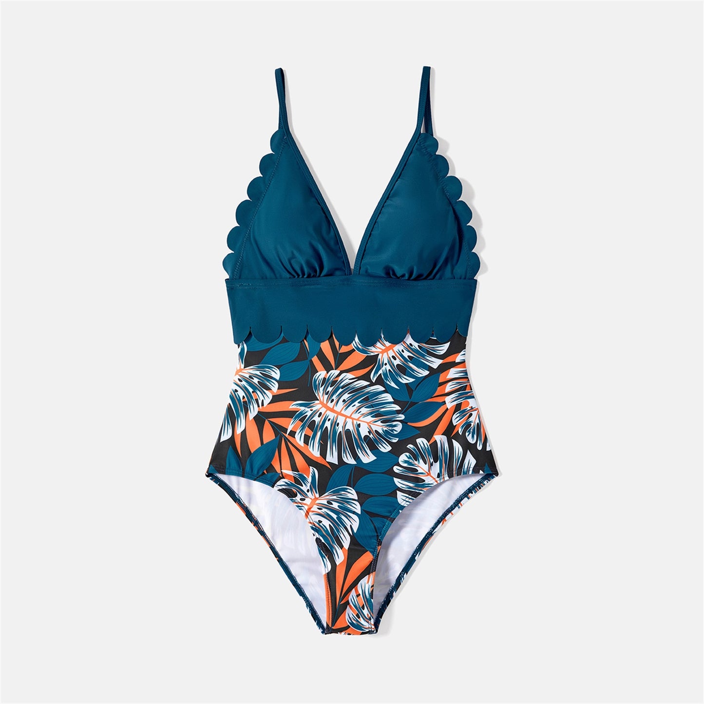 PatPat Family Matching Plant Print Scallop Edge Spliced One-piece Swimsuit and Swim Trunks