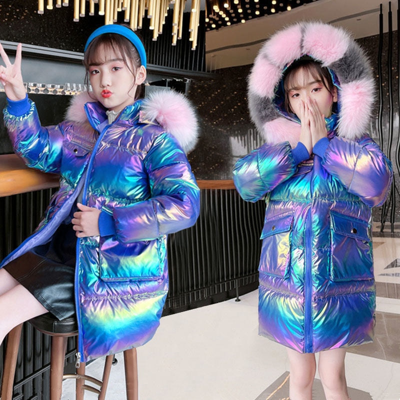 2022 Winter Shiny Jackets Girls Fur Collar Hooded Warm Parka Big Children 4-12 Years Kids Teenage Long Cotton Outerwear Snowsuit