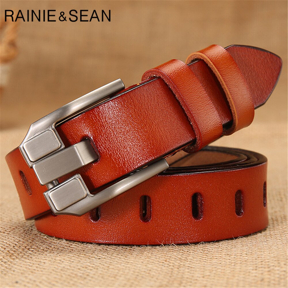 RAINIE SEAN Red Women Belt Pin Buckle Real Leather Belts for Jeans Genuine Leather Cowskin High Quality Solid Ladies Belt 110cm