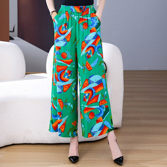 Summer Wide Leg Pants Women Loose High Waist Beach Ankle-Length Trousers Summer Casual Retro Print Plaid Pants