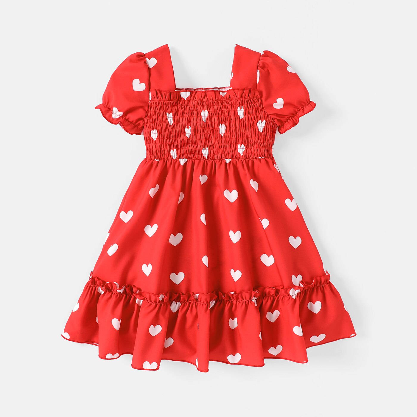 PatPat Toddler Girl Heart Print Smocked Square Neck Short-sleeve Dress