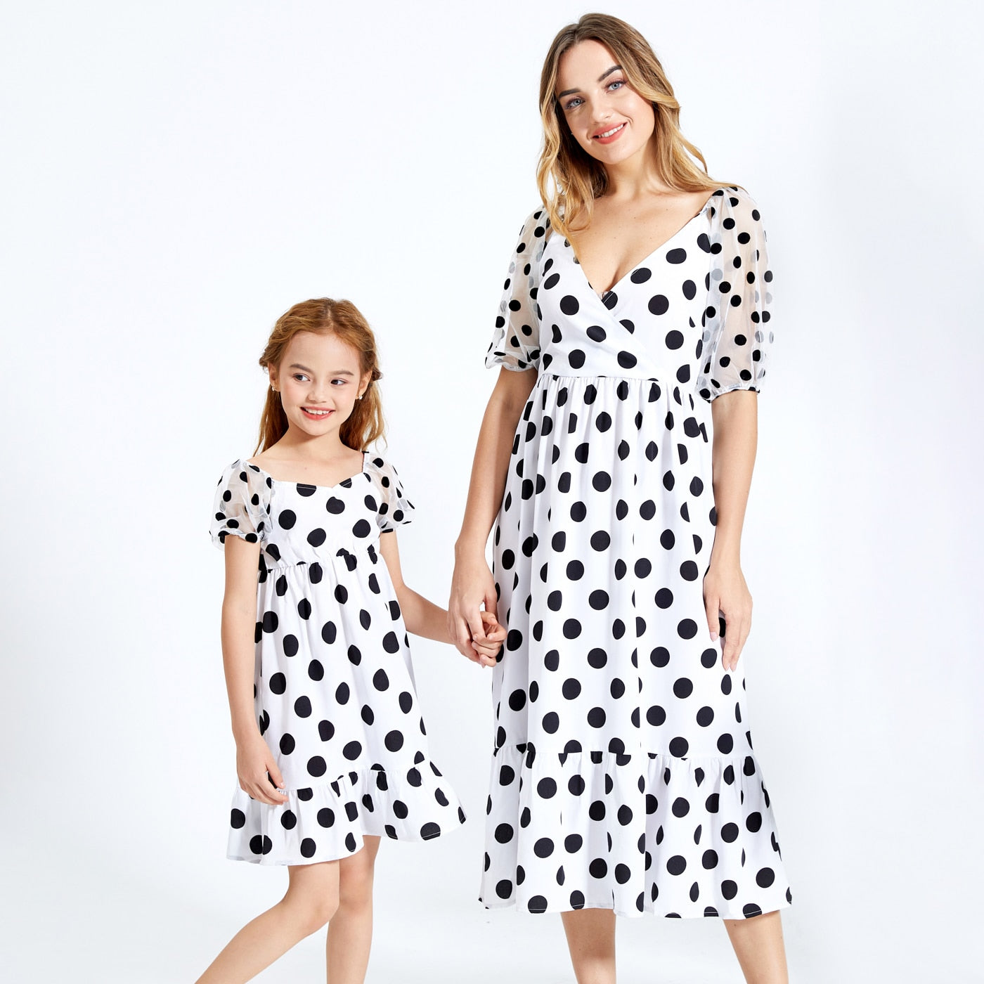 PatPat Black &amp; white Polka Dot Cross Slant V-neck Mesh Puff Sleeves Ruffle Skirt Matching Midi Dresses for Mother and Daughter