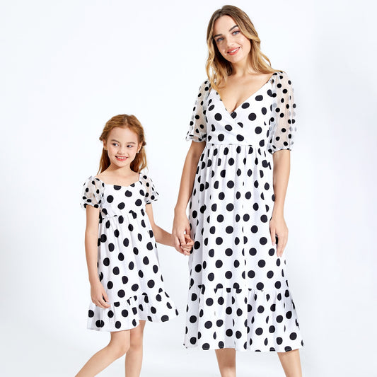 PatPat Black &amp; white Polka Dot Cross Slant V-neck Mesh Puff Sleeves Ruffle Skirt Matching Midi Dresses for Mother and Daughter