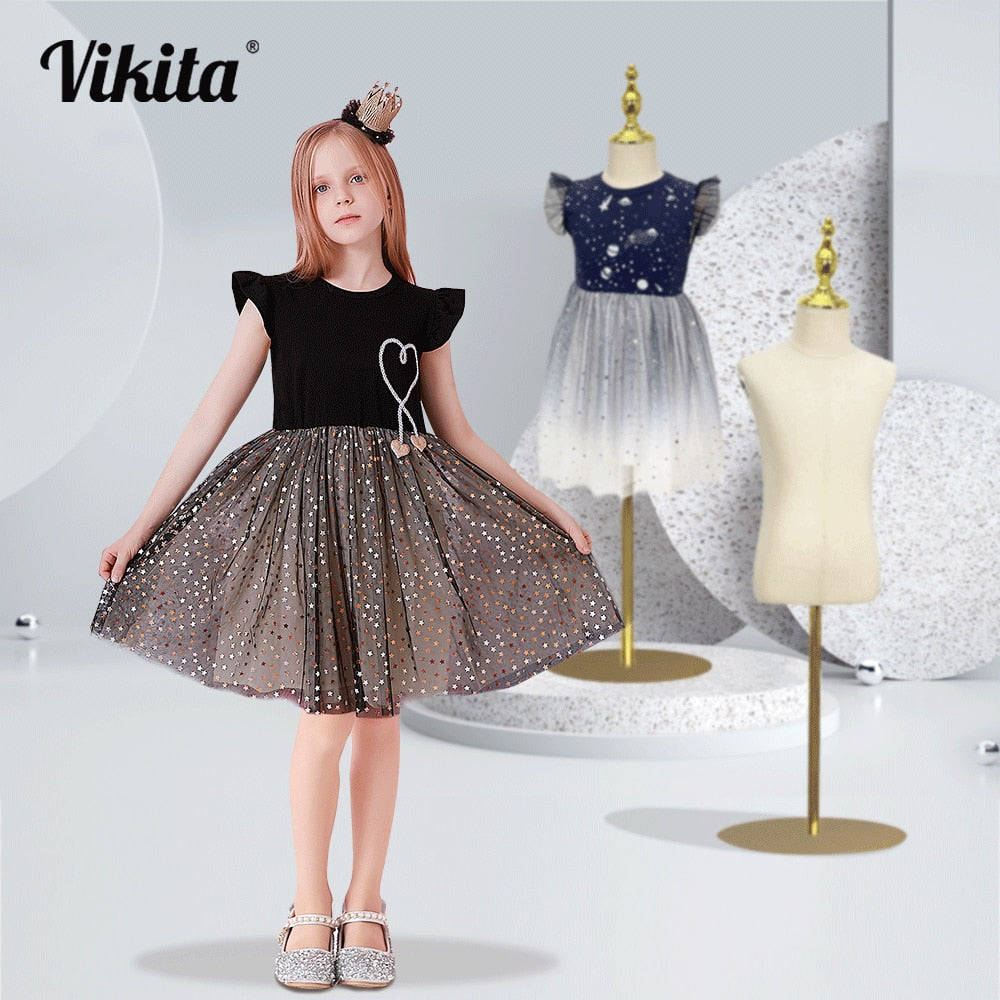 VIKITA Party Dresses for Girls Children Stars Sequins Shiny Vestidos Girl Elegant Prom Evening Princess Summer Ball Gowns