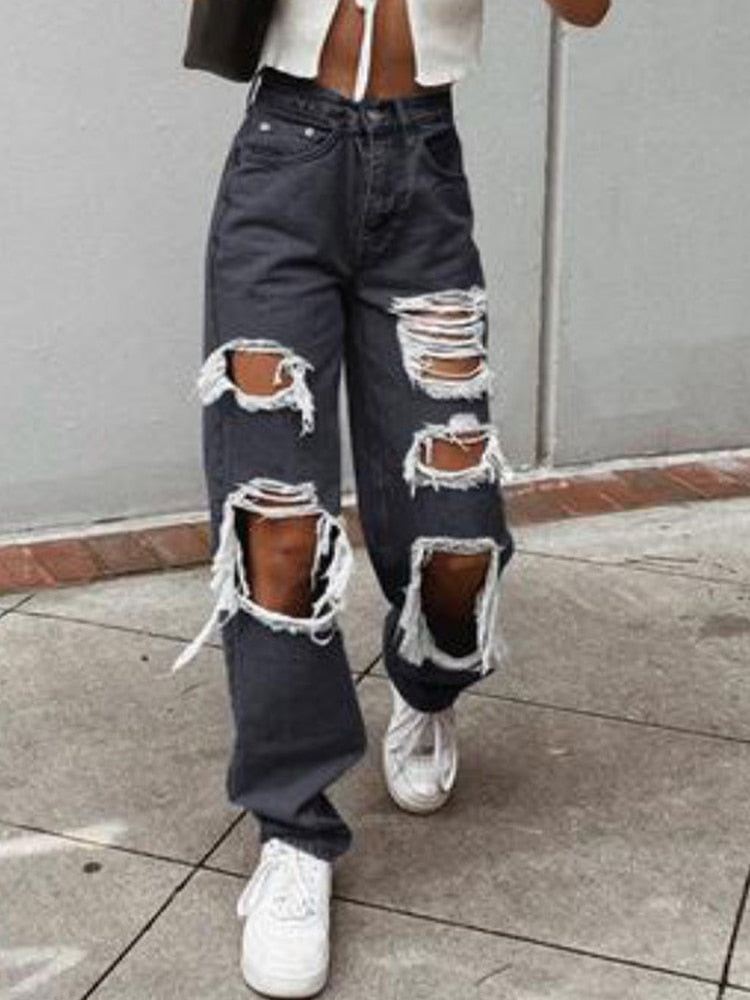 Sexy Boyfriend Ripped Jeans woman Bagge Women Holes Destroyed Broken Pants Vintage Female Denim Trousers Distressed Designer