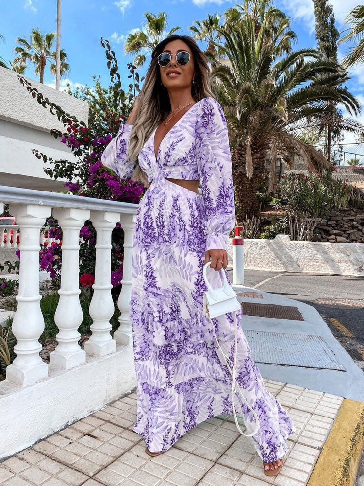 Elegant Sexy V Neck Hollow Out Long Dress For Women 2022 Autumn Casual Long Sleeve Print Bohemian Beach Vacation Midi Dresses