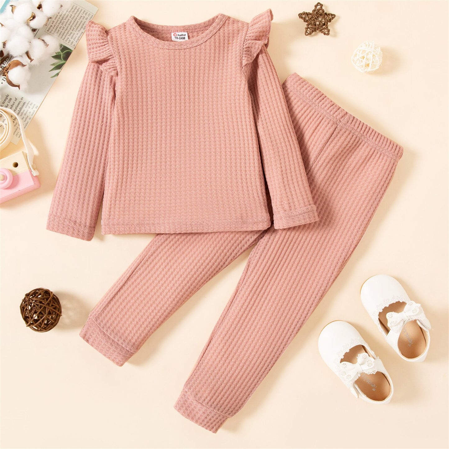 PatPat 2-piece Toddler Girl Ruffled Textured Long-sleeve Top and Solid Color Pants Set