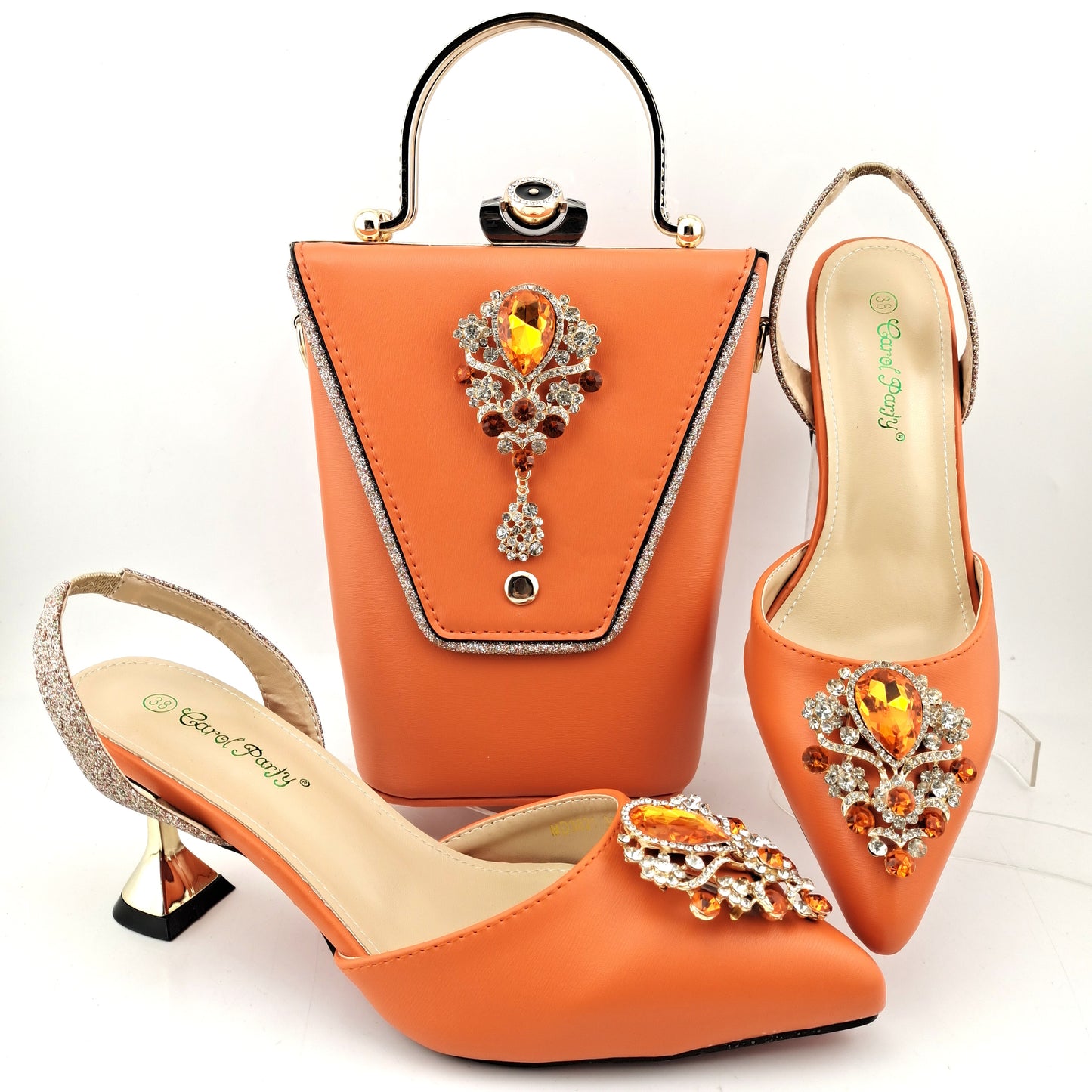 QSGFC 2022 Newest Noble and Elegant Classic vintage rhinestone accessories Ladies Shoes and Bag Set in Gold Color