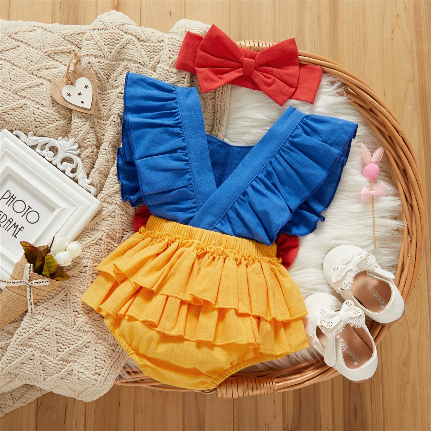 PatPat 100% Cotton 2pcs Letter Print Color Block Sleeveless Layered Ruffle Baby Princess Romper Set