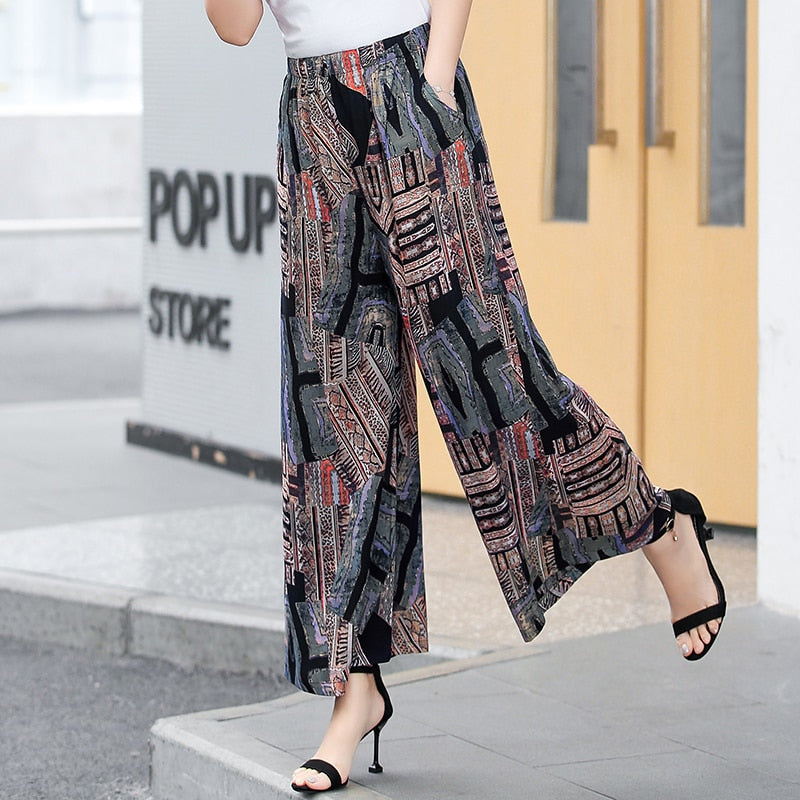 2023 Summer Wide Leg Pants Women Casual Elastic Waist Wide Leg Trousers with Print Ankle-Lengtht High Waist Pants Summer Bottoms