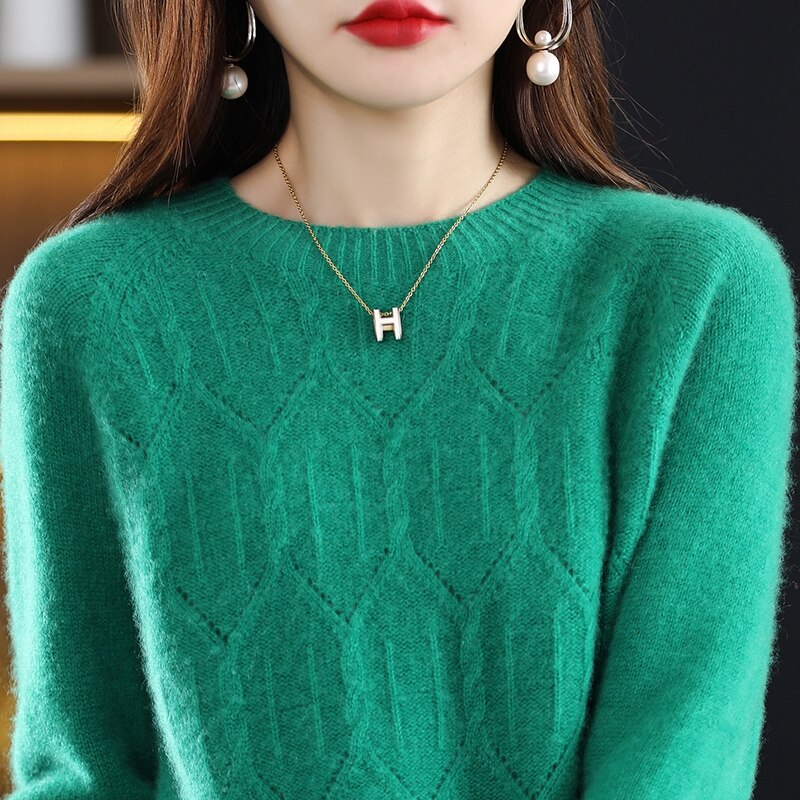 2022 New Knitted Pure Woolen Shirt Round Neck One Line Readymade Garment Hollow Out Loose Slouchy Style Slim Sweater Girl