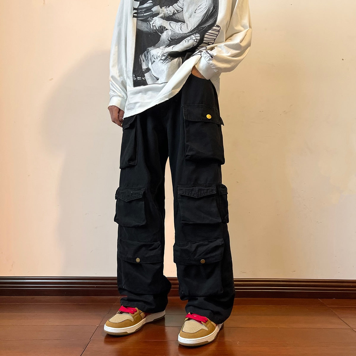 Cargo Pants Multi-pockets Tooling Pant Men, Vintage Loose Wide Leg Pants Streetwear, Casual Hip-hop Mopping Trousers