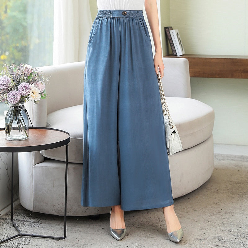 Summer Wide Leg Pants Women Loose High Waist Beach Ankle-Length Trousers Summer Casual Retro Print Plaid Pants