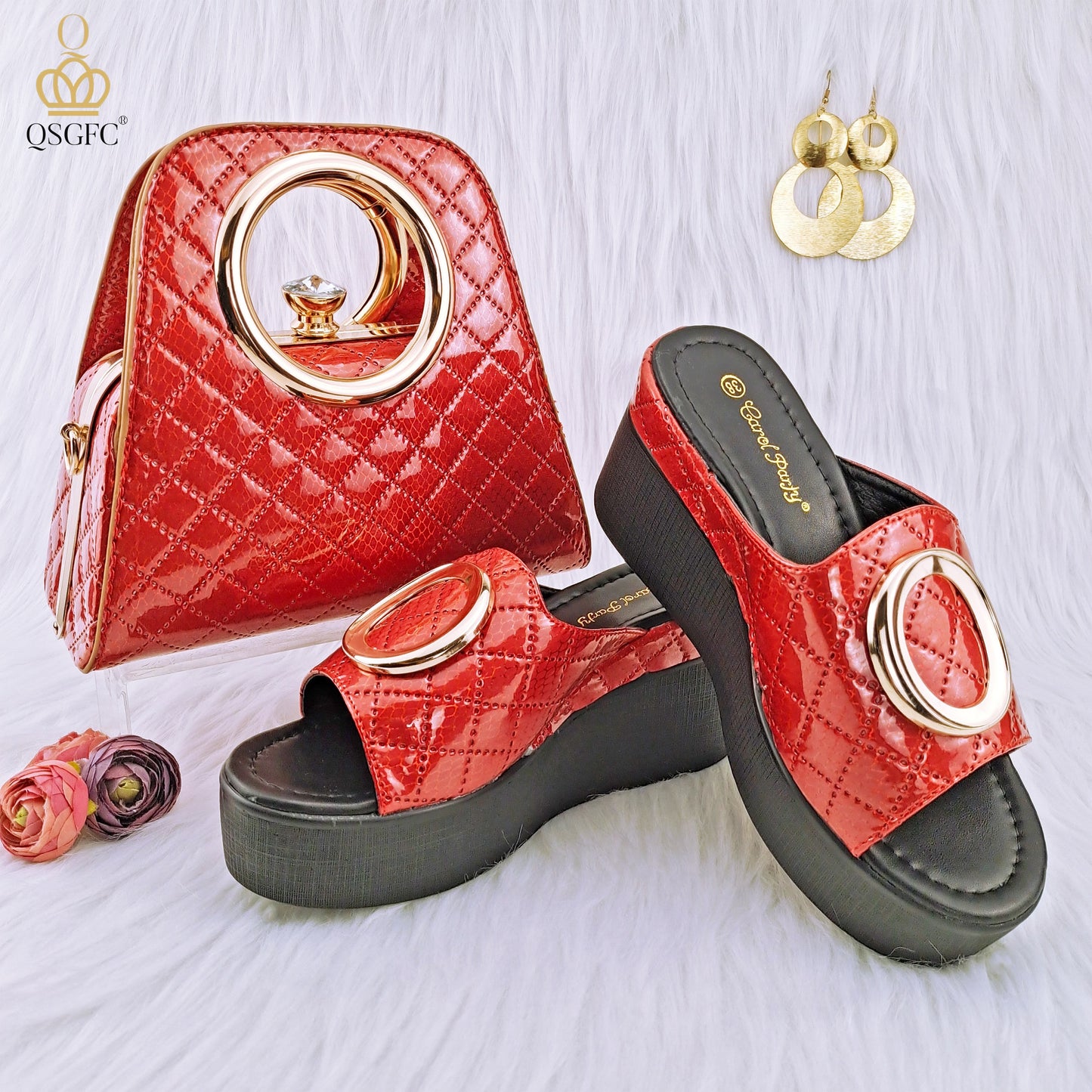 QSGFC New Fashion Simple Gold Flash Matte Surface Ladies Sandals Shoes Bag Set With Waterproof Platform