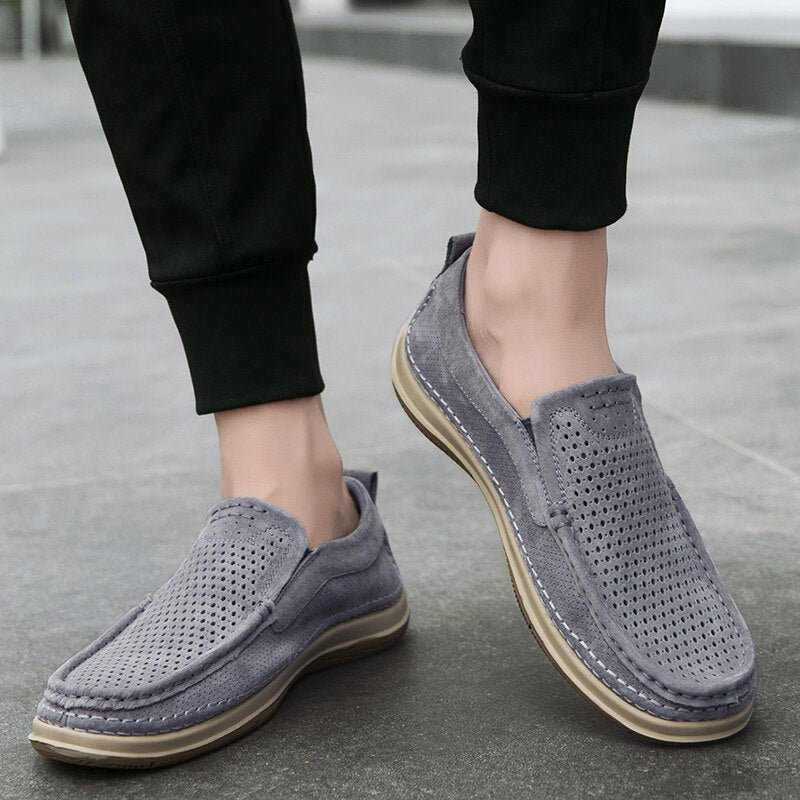 Genuine Leather Men Shoes Casual Luxury Brand Slip on Summer Designer Loafers Men Moccasins Breathable Gray Men Driving Shoes