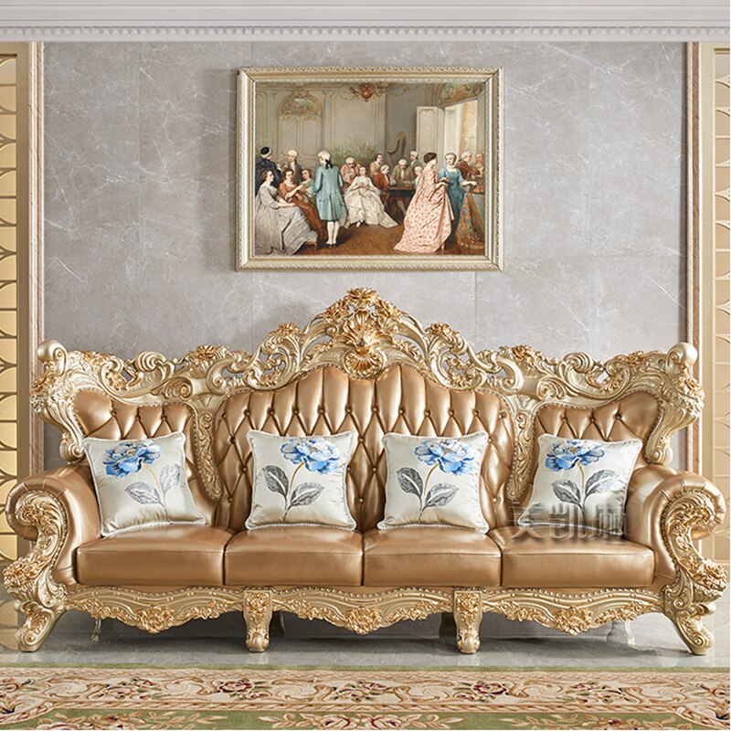 European-style Large-sized Leather Sofa Combination, American Luxury Carved Solid Wood Sofa, High-end Champagne Gold Foil