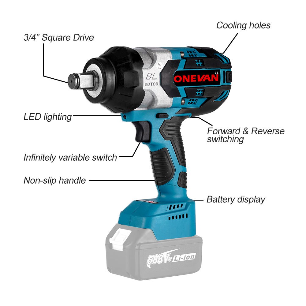 ONEVAN 2200NM 2500W High Torque Brushless Cordless Electric Impact Wrench 3/4 inch Power Tools Compatible For Makita 18V Battery