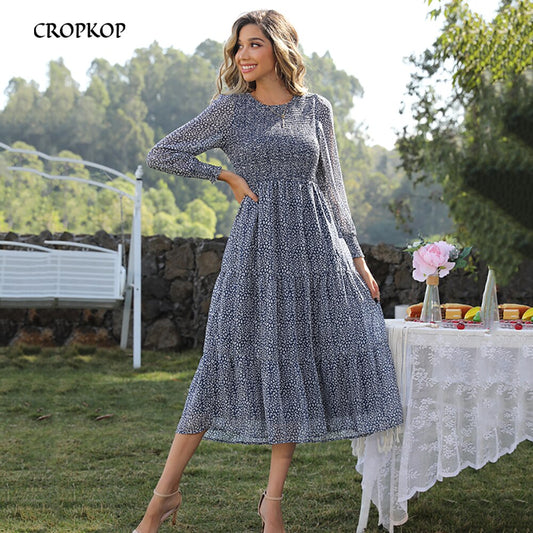 Chiffon Print Long Sleeve Dress Women Elegant Blue Ruffle Big Hem Long Party Dresses Casual Midi Holiday Dress Spring 2022 New