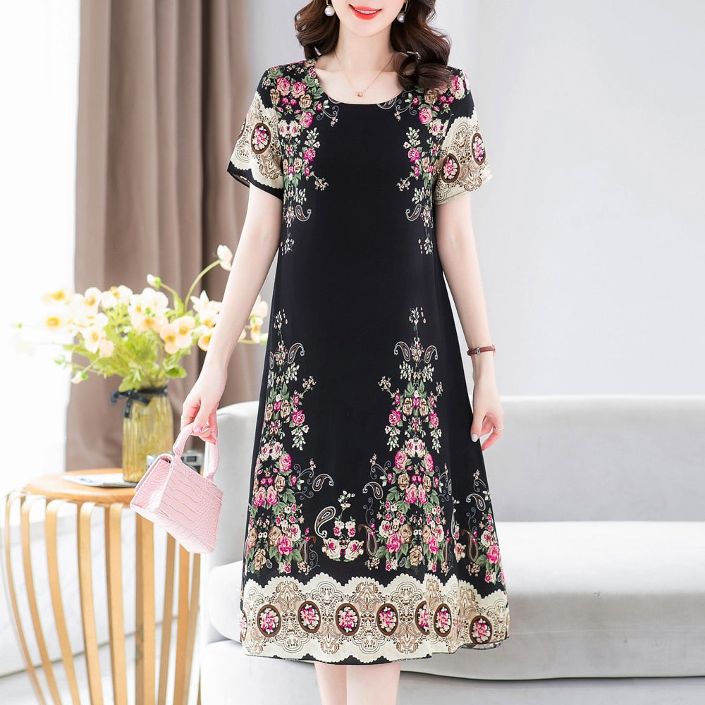 New Fashion 2023 Summer Dress For Long Vintage Loose Women Elegant Short Sleeve Casual O-neck Dresses Print Woman Clothing